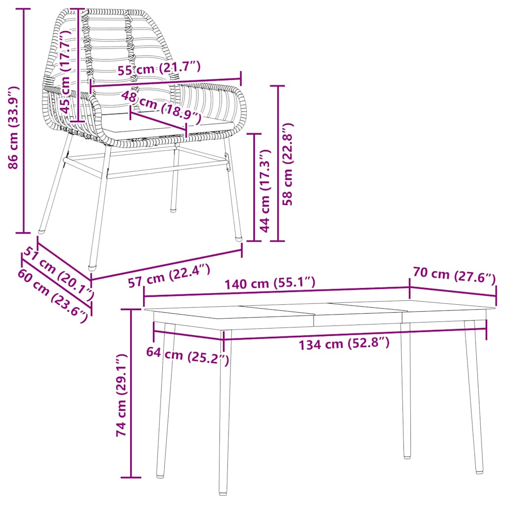5-tlg. Garten-Essgruppe mit Kissen Schwarz Poly Rattan Glas
