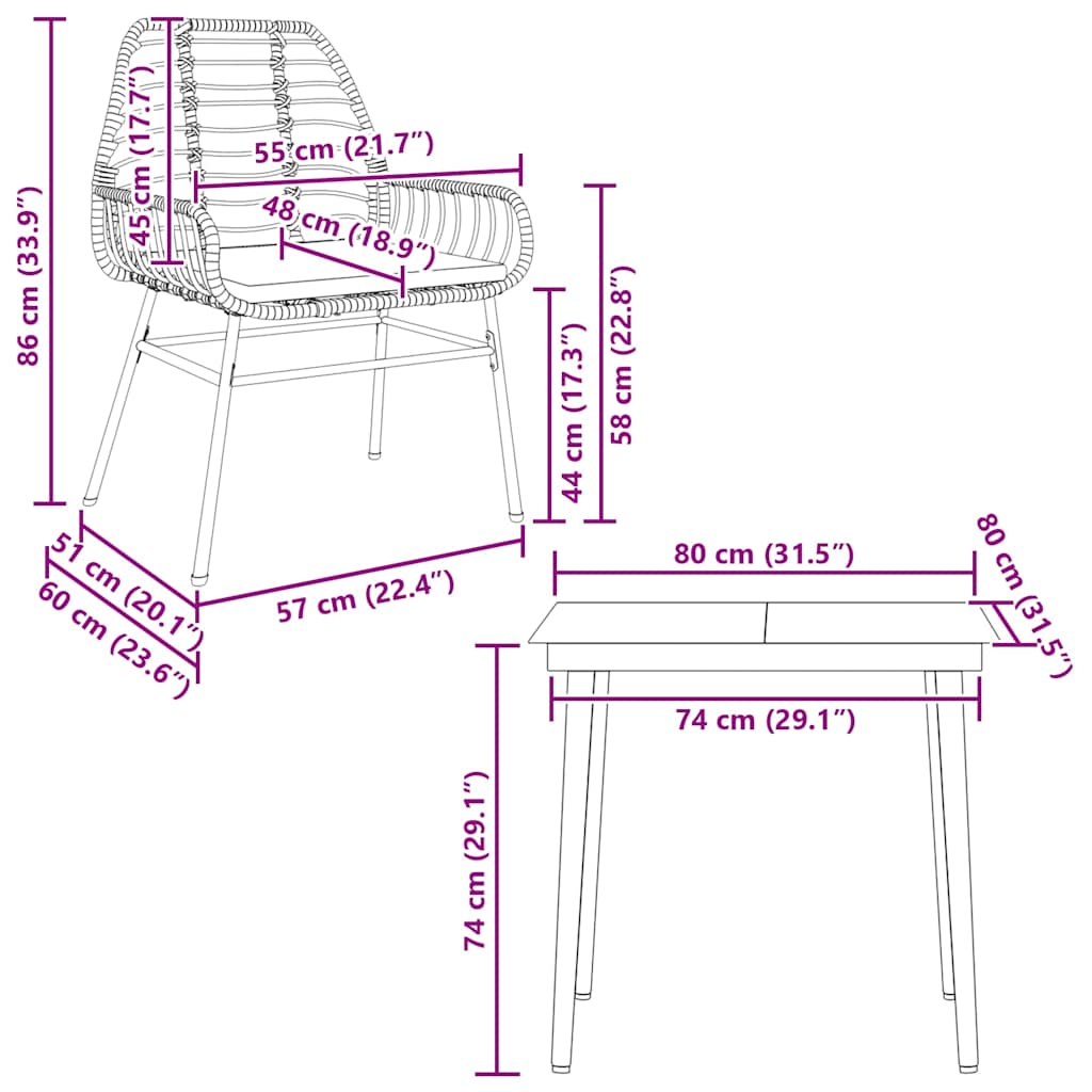 3-tlg. Garten-Essgruppe mit Kissen Braun Poly Rattan Glas