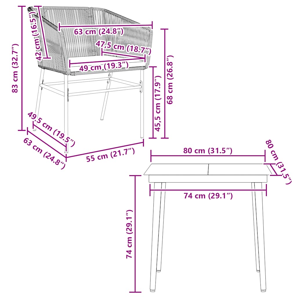 3-tlg. Garten-Essgruppe mit Kissen Braun Poly Rattan Glas