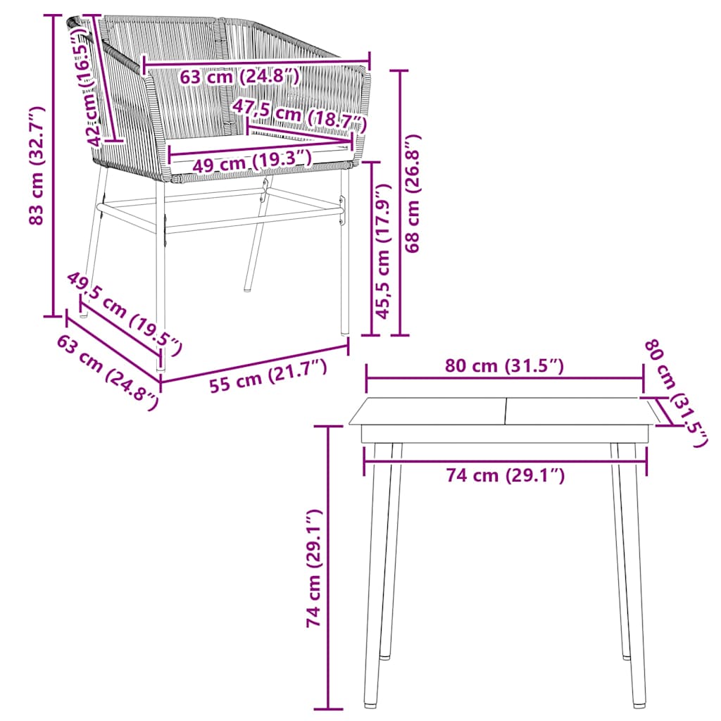 3-tlg. Garten-Essgruppe mit Kissen Grau Poly Rattan Glas
