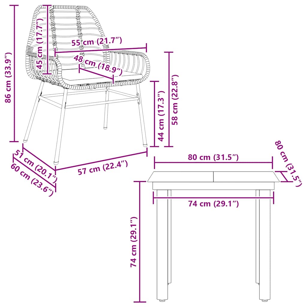 3-tlg. Garten-Essgruppe mit Kissen Schwarz Poly Rattan Glas