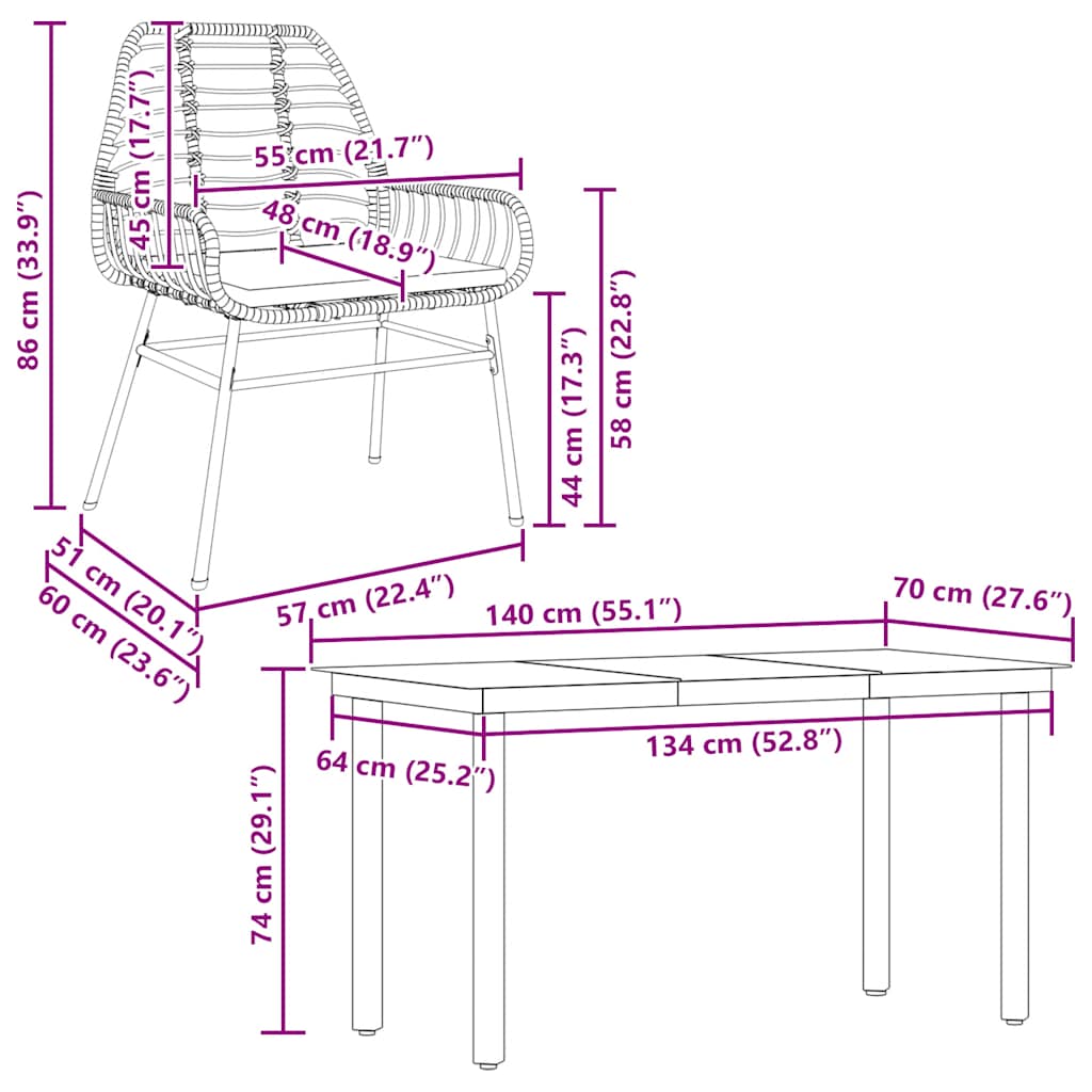 5-tlg. Garten-Essgruppe mit Kissen Braun Poly Rattan Glas