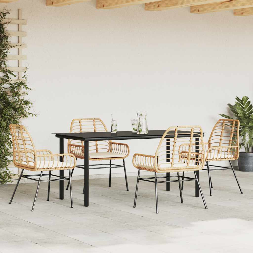 5-tlg. Garten-Essgruppe mit Kissen Braun Poly Rattan Glas