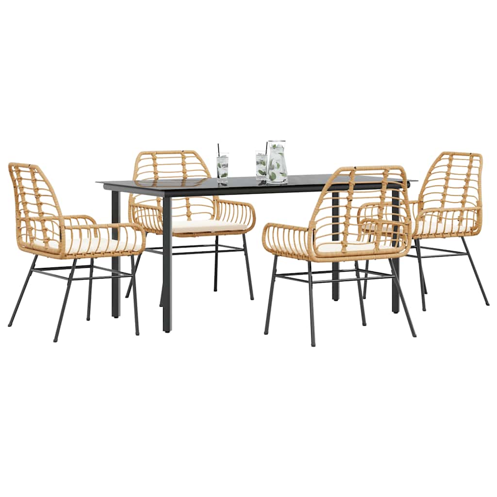 5-tlg. Garten-Essgruppe mit Kissen Braun Poly Rattan Glas