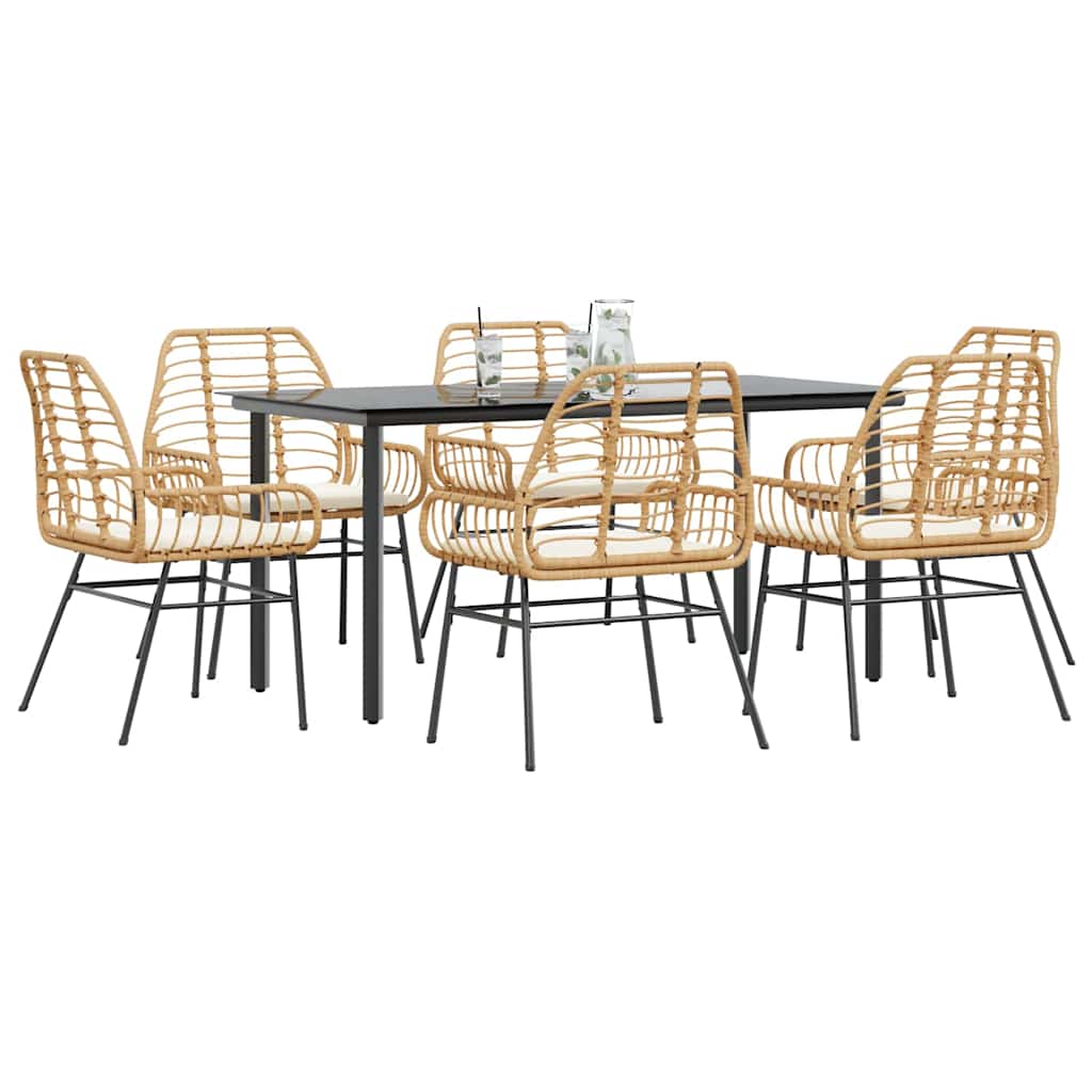 7-tlg. Garten-Essgruppe mit Kissen Braun Poly Rattan Glas