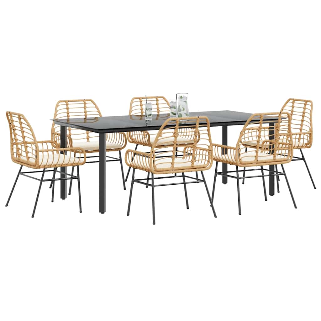 7-tlg. Garten-Essgruppe mit Kissen Braun Poly Rattan Glas