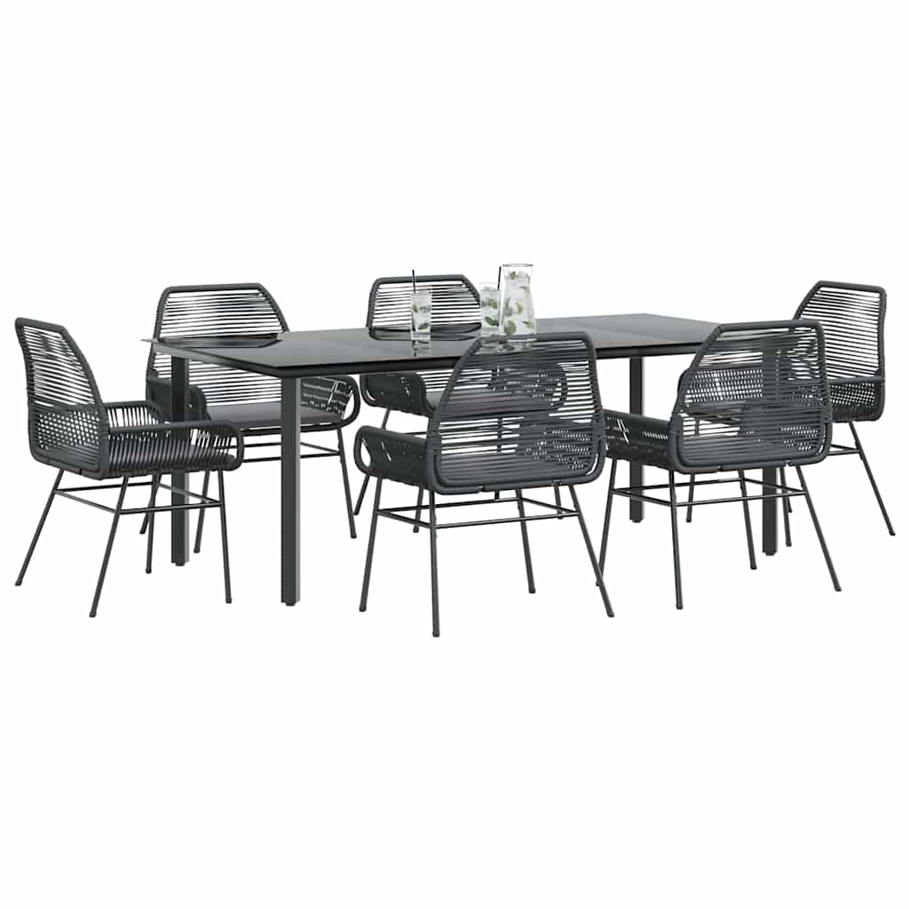 7-tlg. Garten-Essgruppe mit Kissen Schwarz Poly Rattan Glas