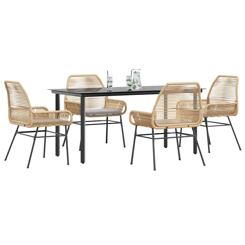 5-tlg. Garten-Essgruppe mit Kissen Braun Poly Rattan Glas