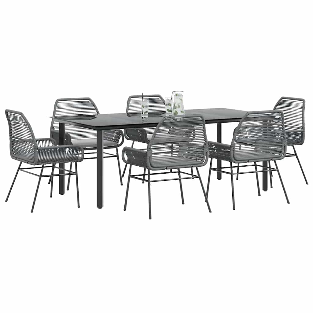 7-tlg. Garten-Essgruppe mit Kissen Grau Poly Rattan Glas