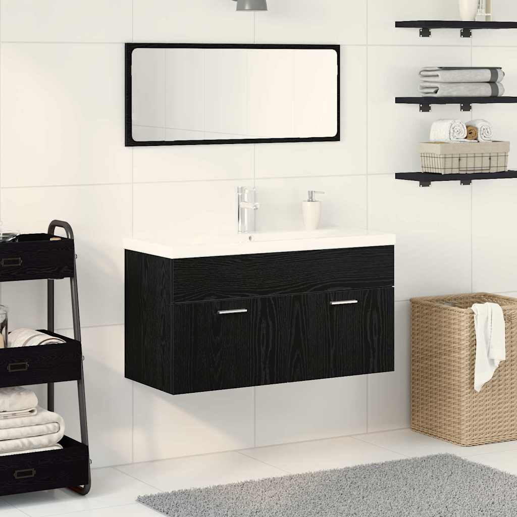 Badezimmermöbel-Set 3 pcs Schwarz Eichen-Optik Holzwerkstoff