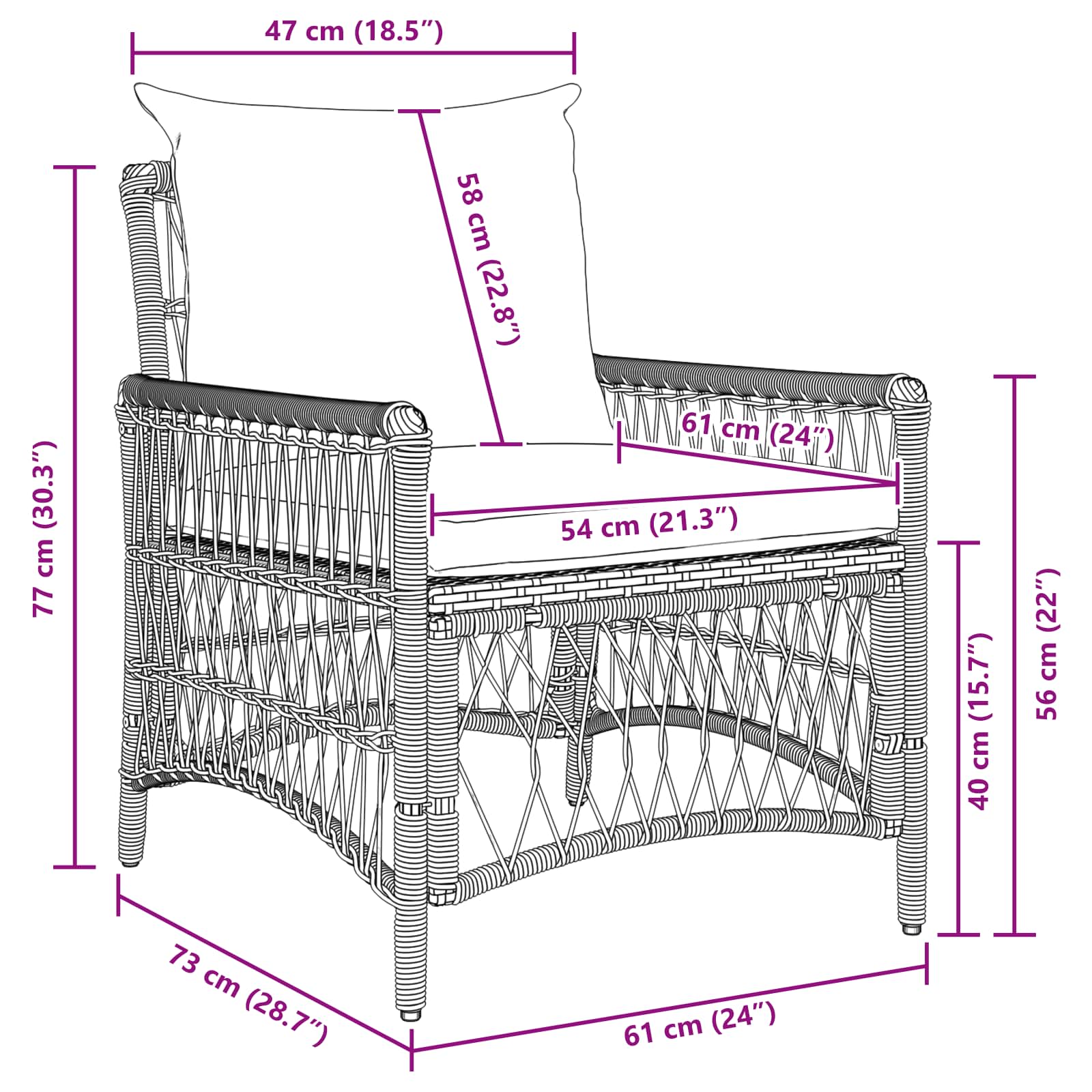 Gartenstuhl mit Kissen Schwarz 73 x 61 x 77 cm Poly-Rattan