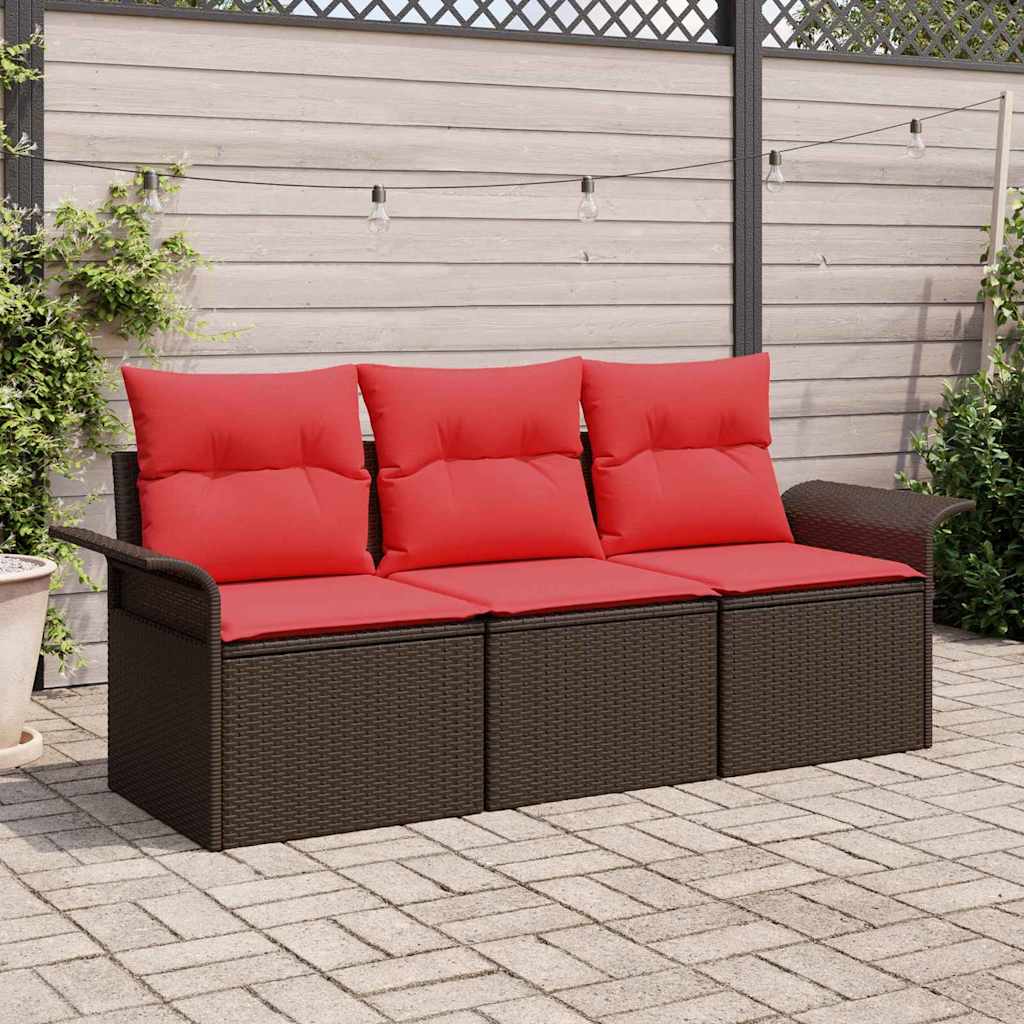 Sofa Set mit Kissen 3 pcs Braun und Rot Poly-Rattan