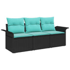 Sofa Set mit Kissen 3 pcs Schwarz und Blau Poly-Rattan