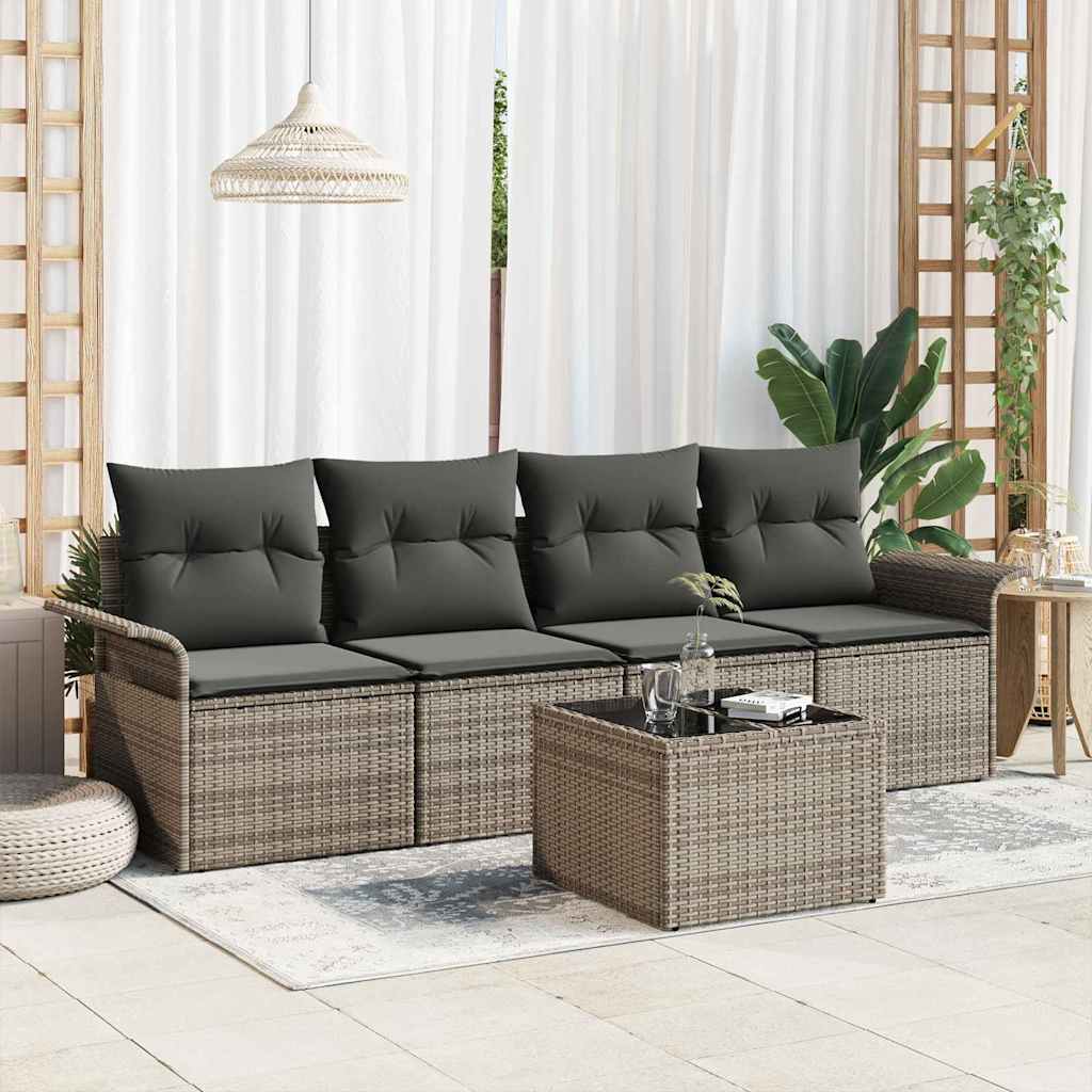Sofa Set mit Kissen 5 pcs Grau Poly-Rattan