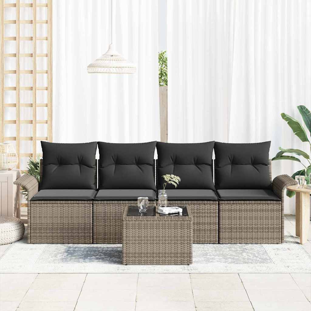 Sofa Set mit Kissen 5 pcs Grau Poly-Rattan