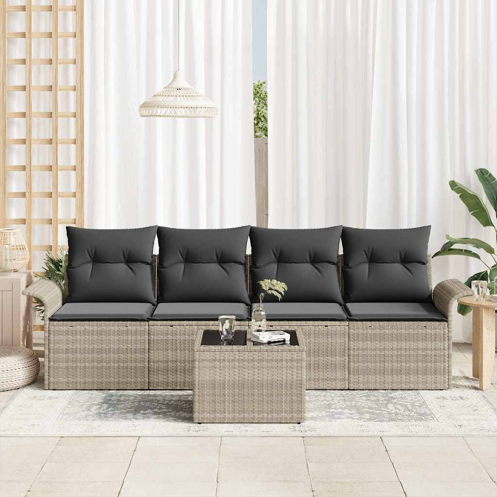 Sofa Set mit Kissen 5 pcs Hellgrau Poly-Rattan