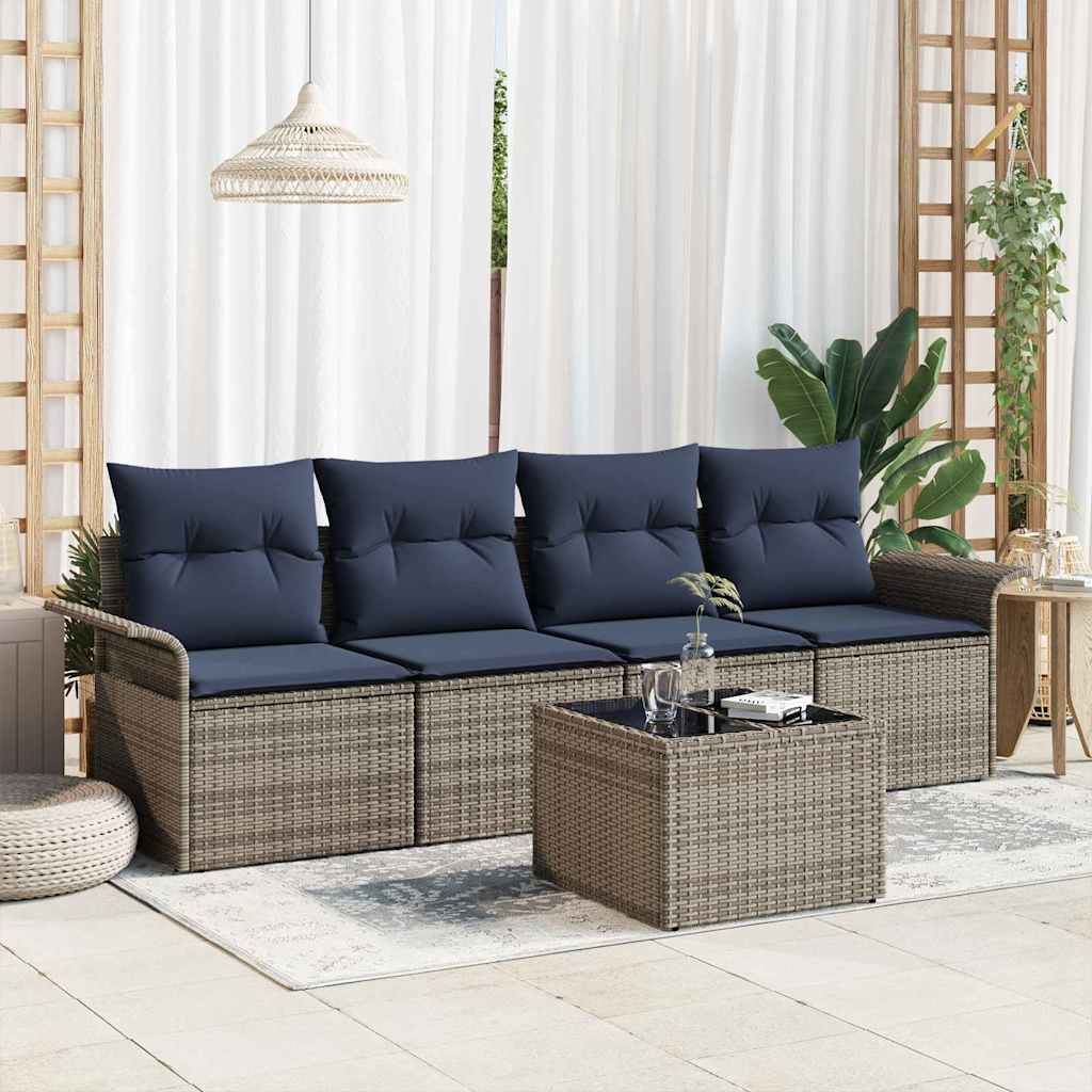 Sofa Set mit Kissen 5 pcs Grau Poly-Rattan