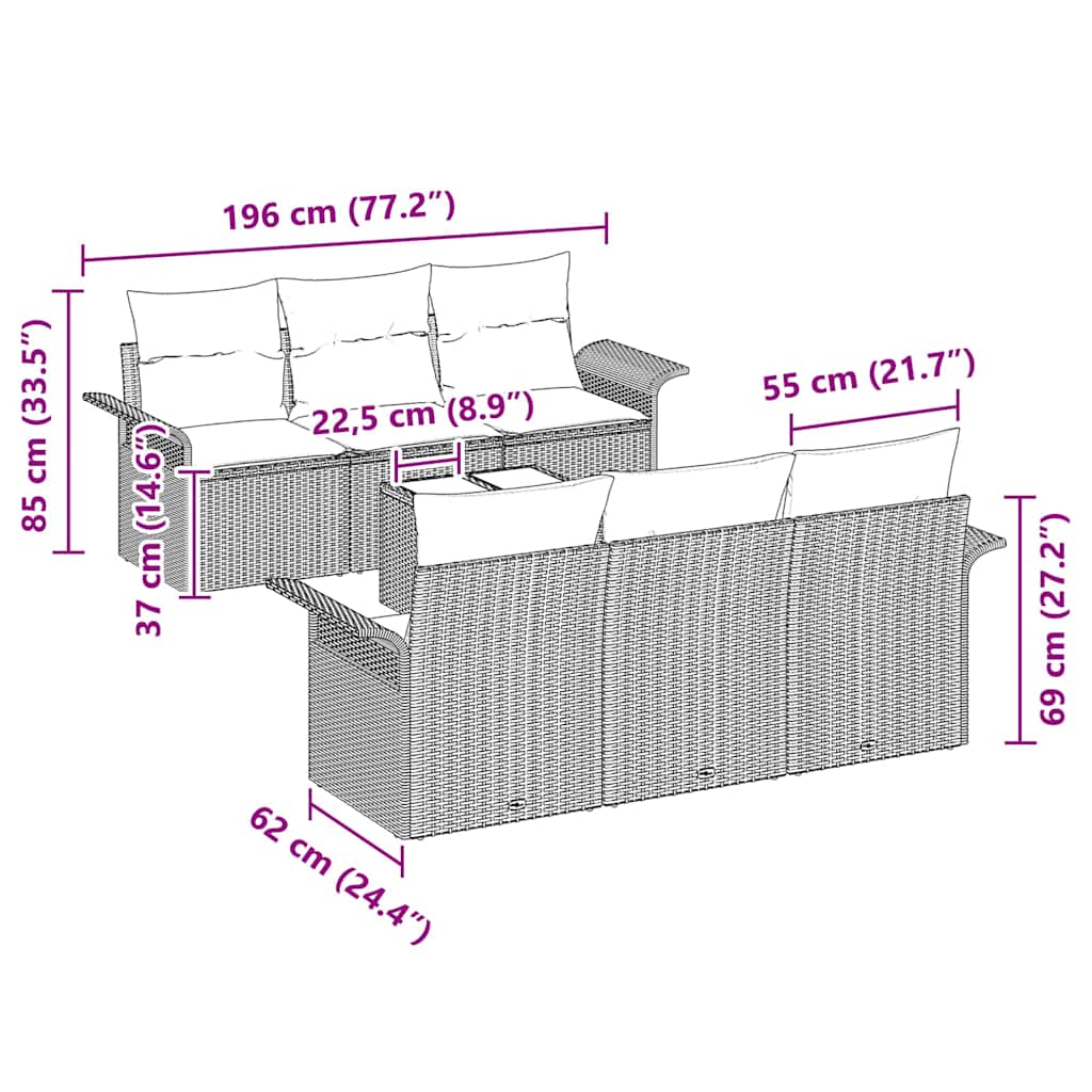 Gartensofa-set mit Kissen 7 pcs Hellgrau Poly-Rattan
