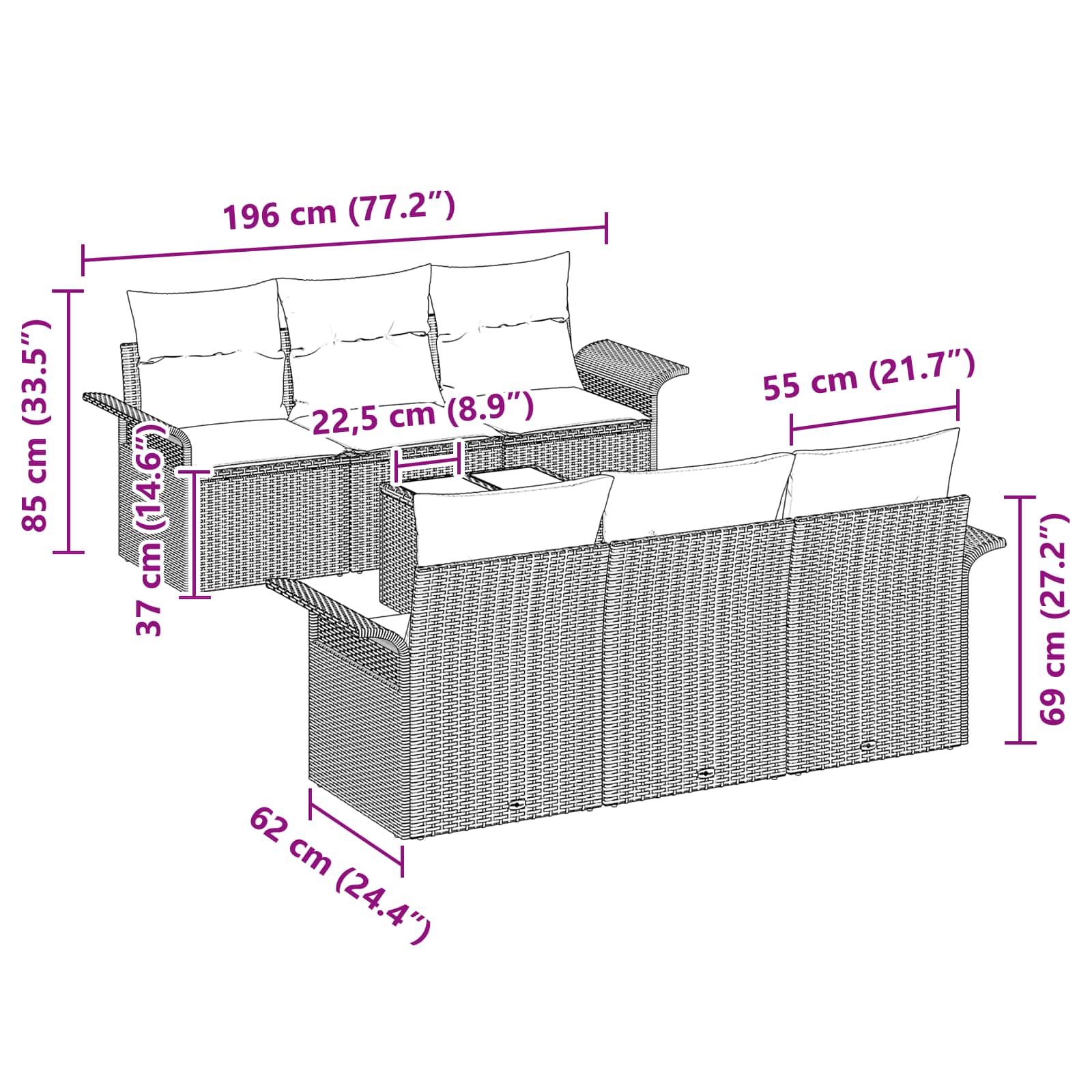 Gartensofa-set mit Kissen 7 pcs Grau Poly-Rattan