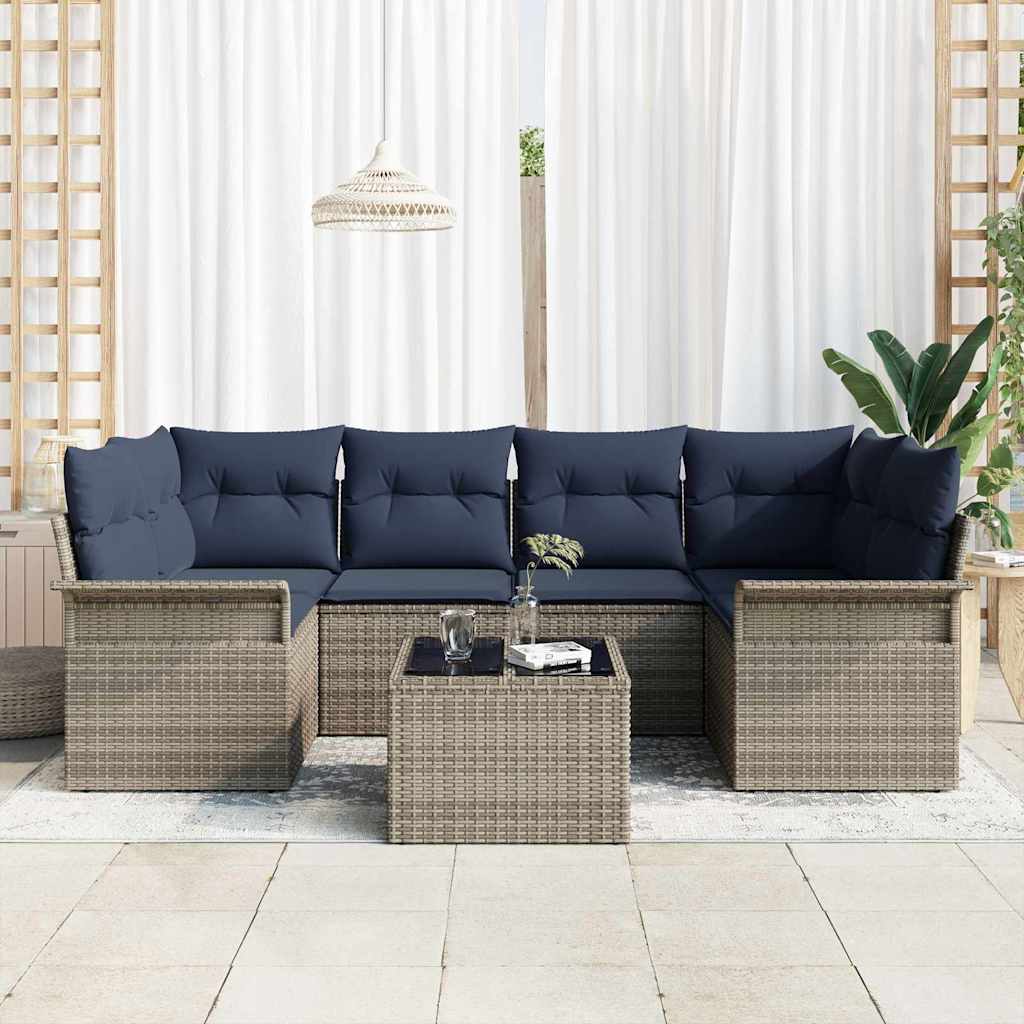 Gartensofa-set mit Kissen 7 pcs Grau Poly-Rattan