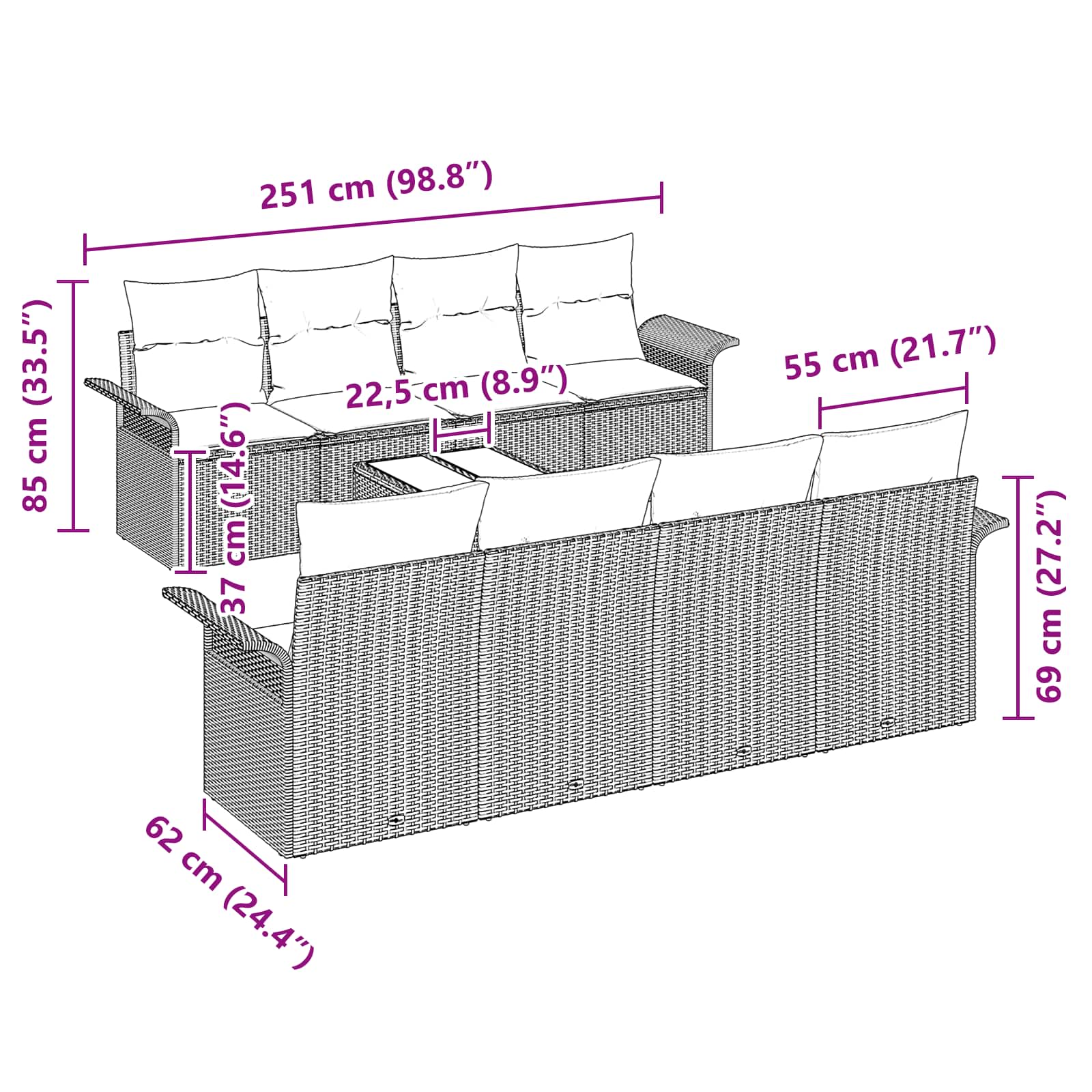 Gartensofa-set mit Kissen 9 pcs Braun Poly-Rattan