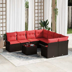 Gartensofa-set mit Kissen 9 pcs Braun und Rot Poly-Rattan