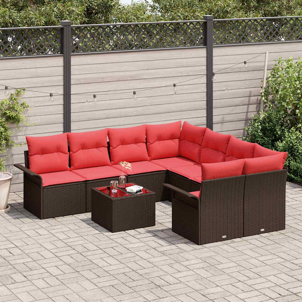 Gartensofa-set mit Kissen 9 pcs Braun und Rot Poly-Rattan