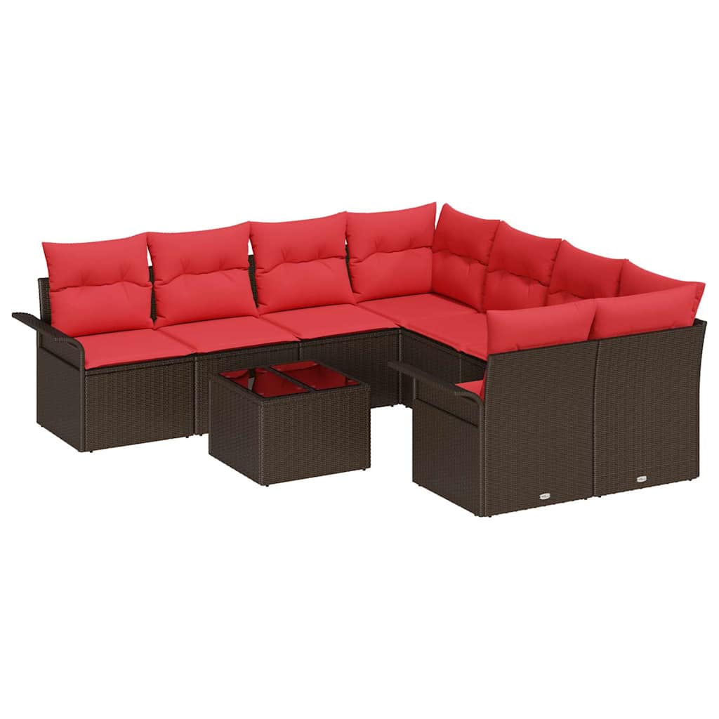 Gartensofa-set mit Kissen 9 pcs Braun und Rot Poly-Rattan