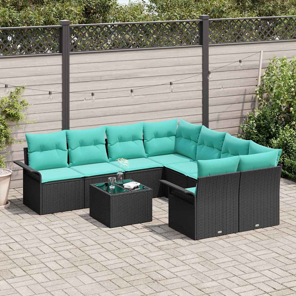 Gartensofa-set mit Kissen 9 pcs Schwarz Poly-Rattan