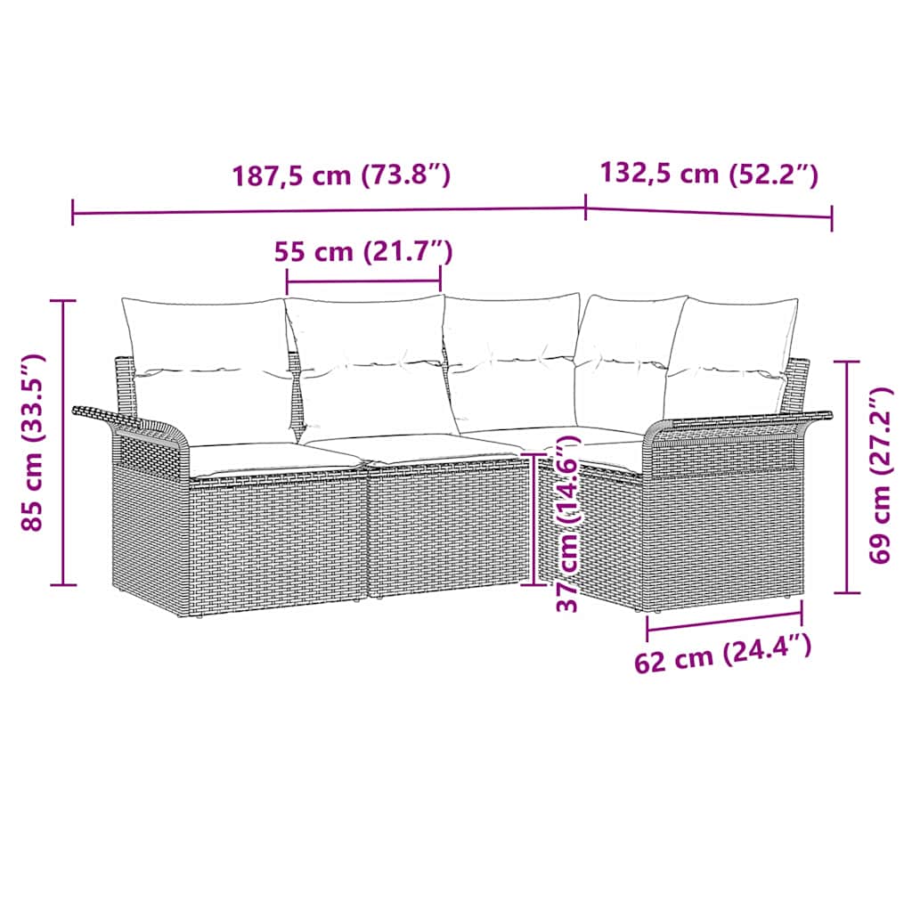 Gartensofa-set mit Kissen 4 pcs Hellgrau Poly-Rattan