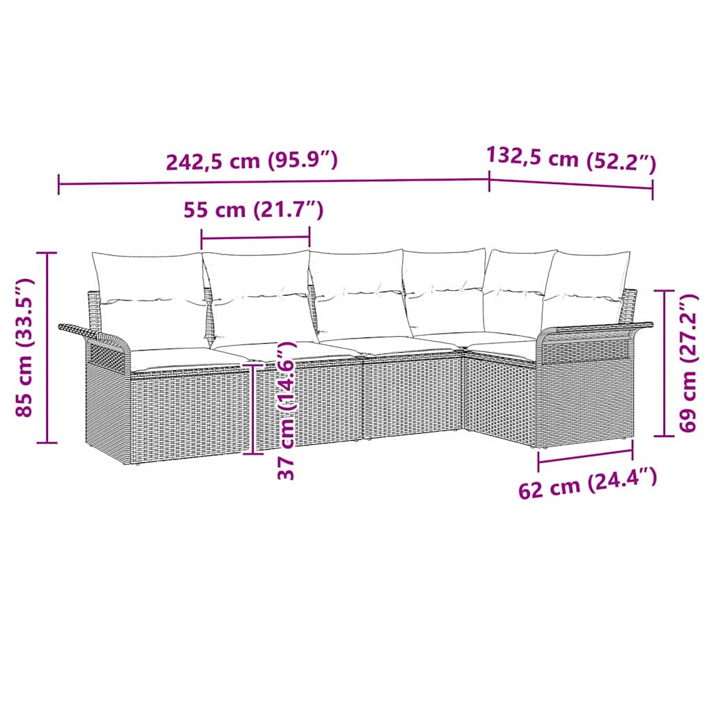 Gartensofa-set mit Kissen 5 pcs Braun Poly-Rattan