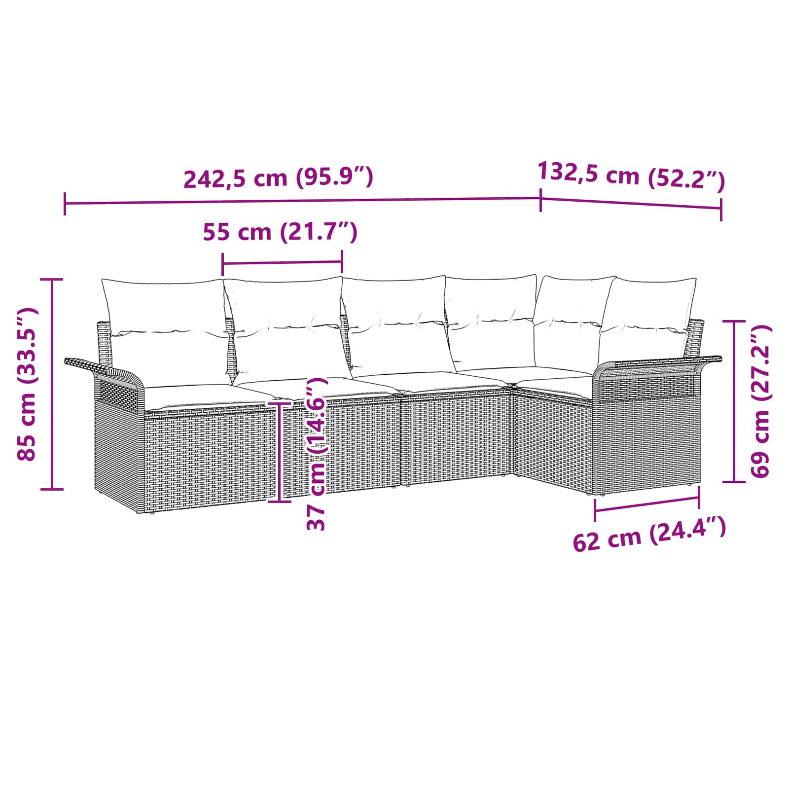 Gartensofa-set mit Kissen 5 pcs Braun Poly-Rattan