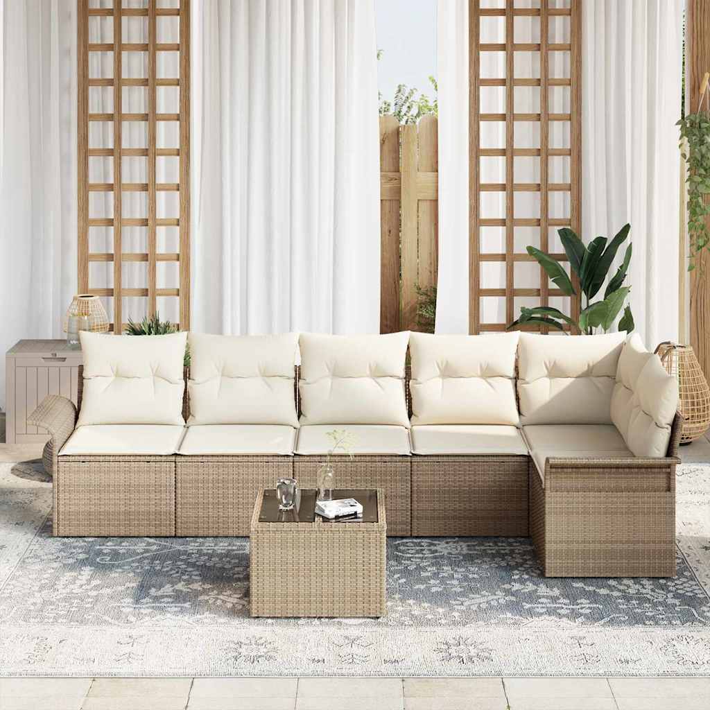 Gartensofa-set mit Kissen 7 pcs Beige Poly-Rattan