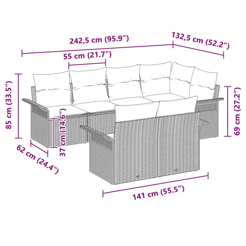 Gartensofa-set mit Kissen 7 pcs Hellgrau Poly-Rattan
