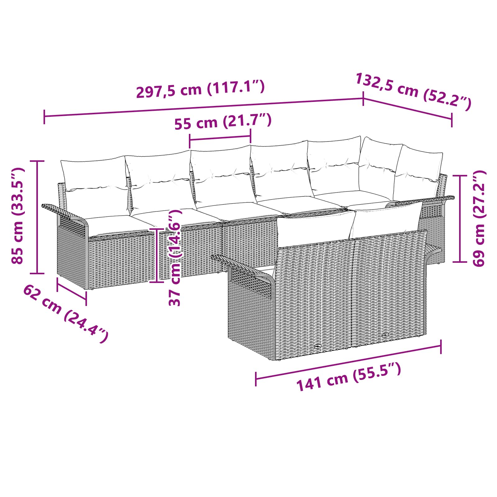 Gartensofa-set mit Kissen 8 pcs Grau Poly-Rattan