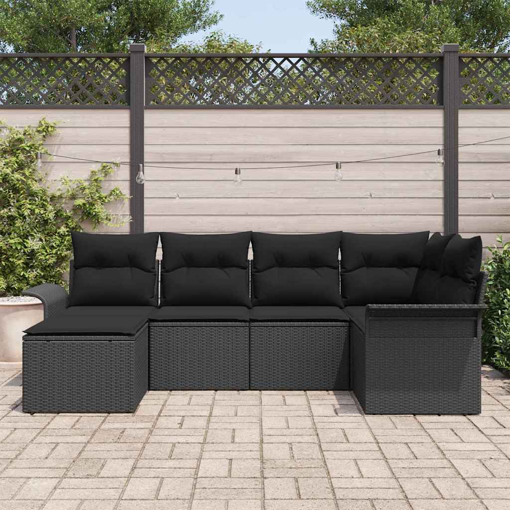Gartensofa-set mit Kissen 6 pcs Schwarz Poly-Rattan