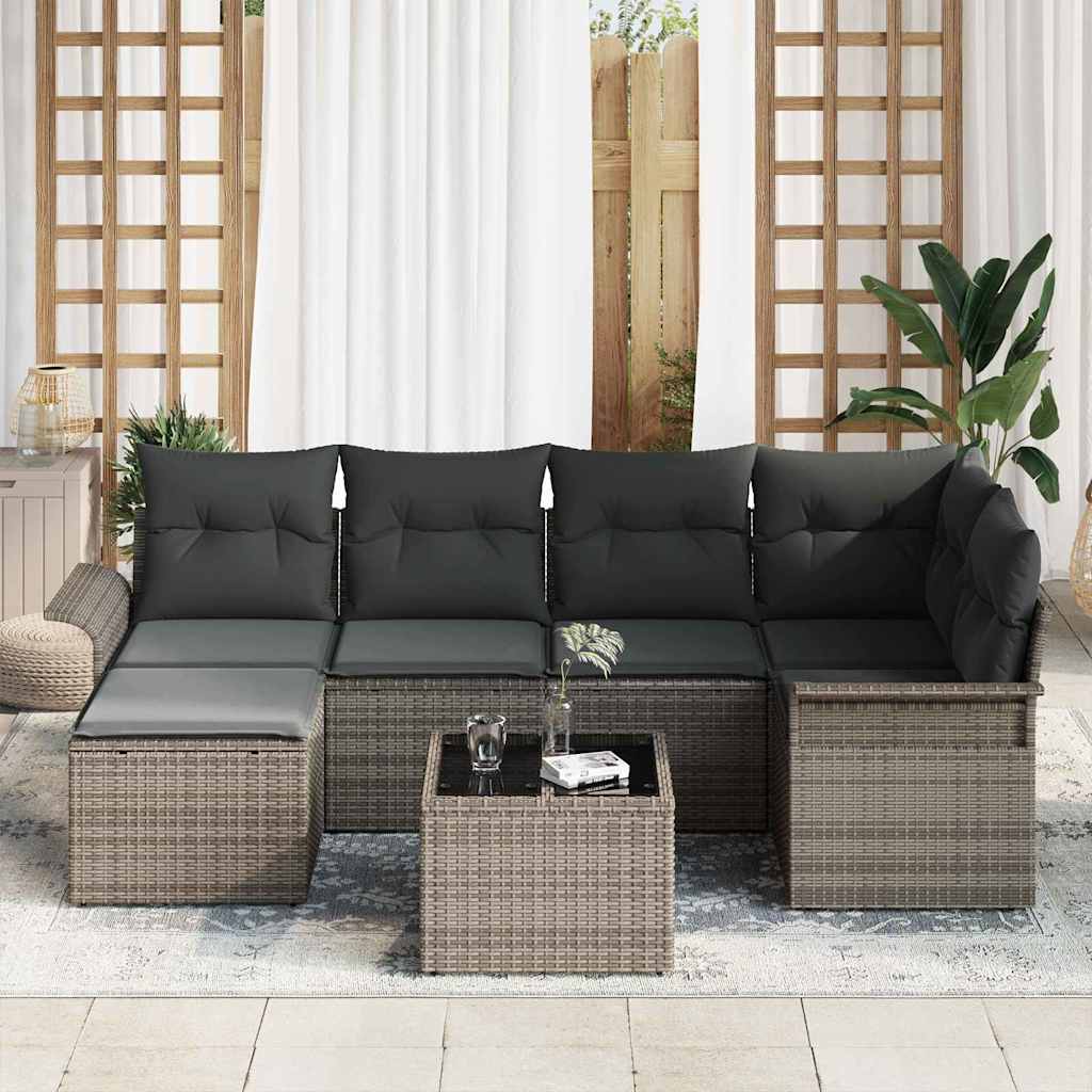Gartensofa-set mit Kissen 7 pcs Grau Poly-Rattan