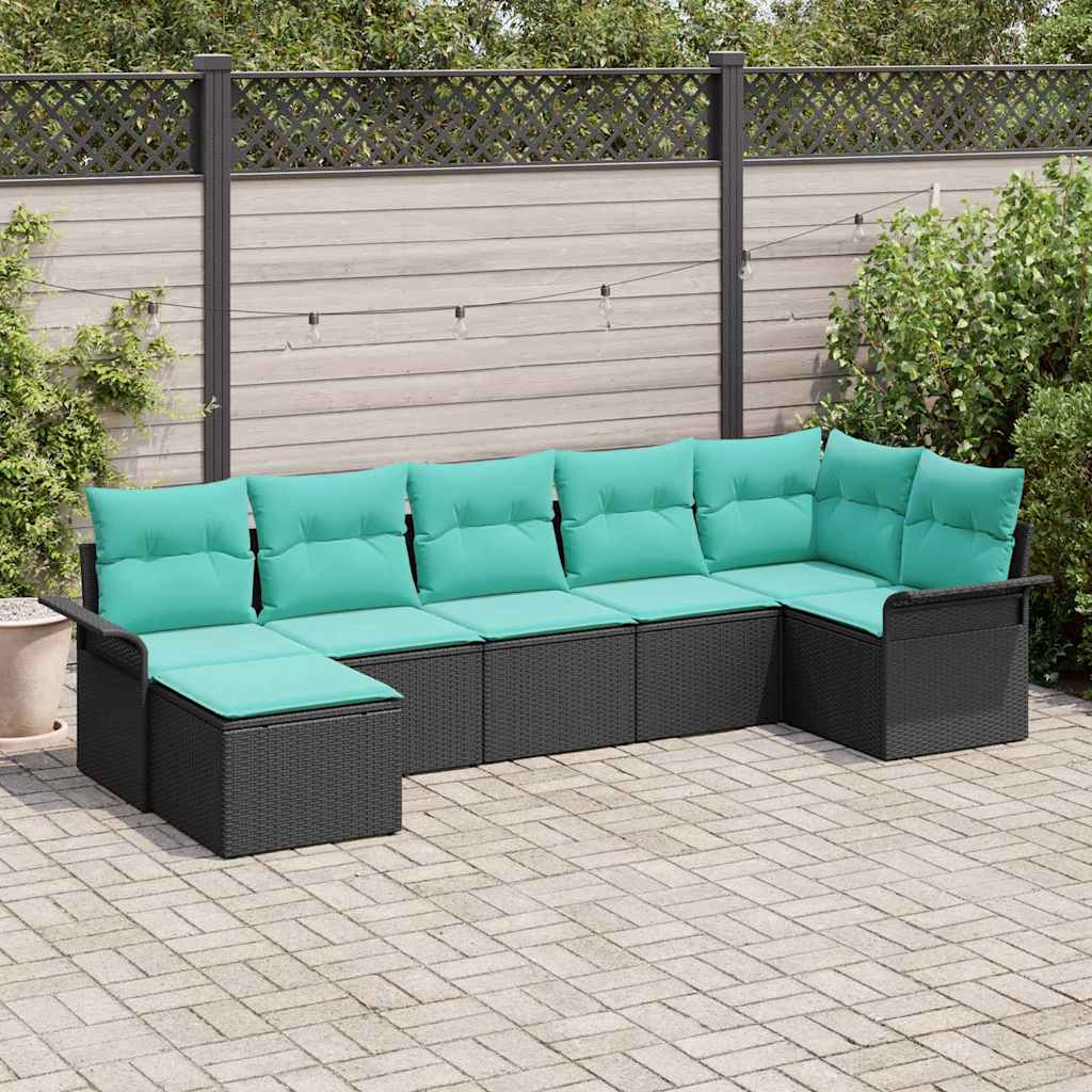 Gartensofa-set mit Kissen 7 pcs Schwarz Poly-Rattan