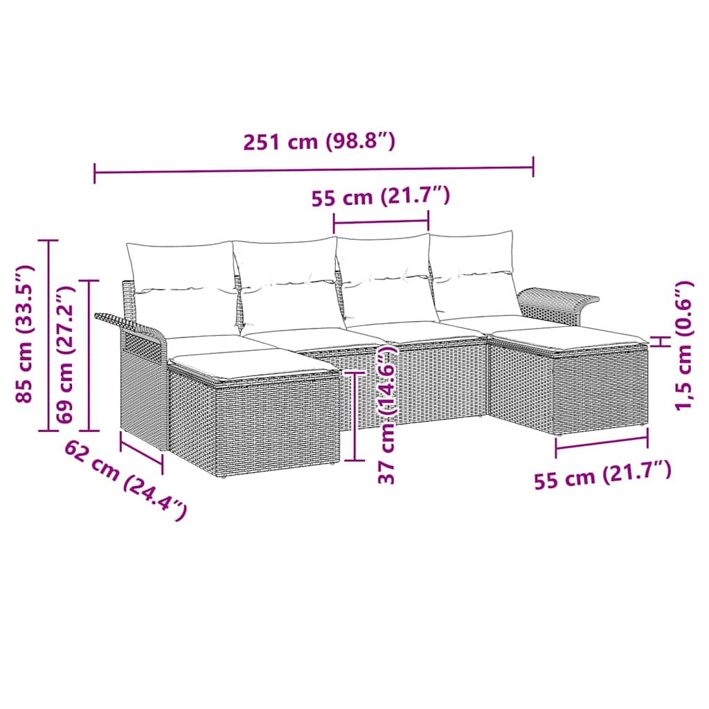 Gartensofa-set mit Kissen 6 pcs Beige Poly-Rattan