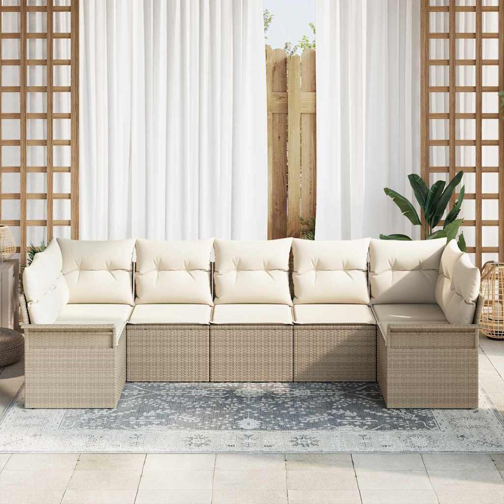 Garten-Sofa-Set mit Kissen 7 pcs Beige Poly Rattan