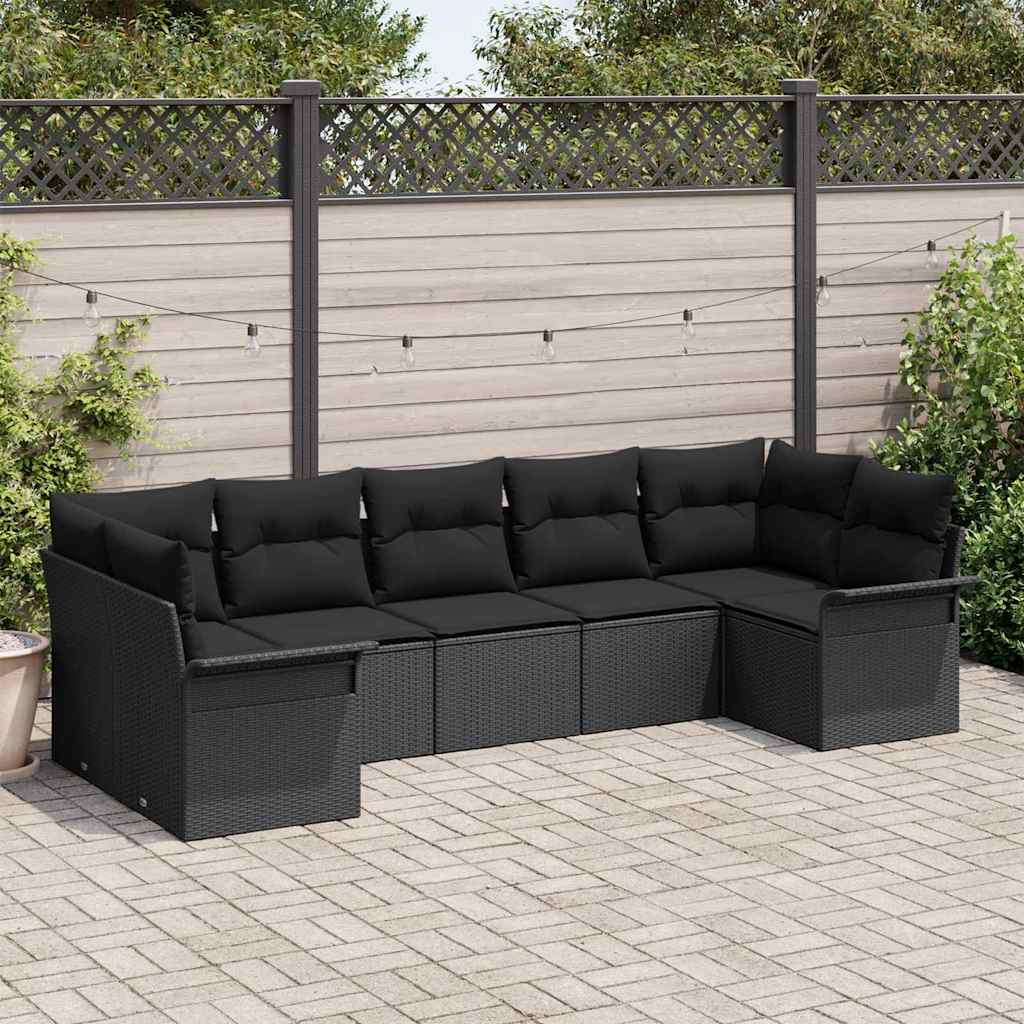 Gartensofa-set mit Kissen 7 pcs Schwarz Poly-Rattan