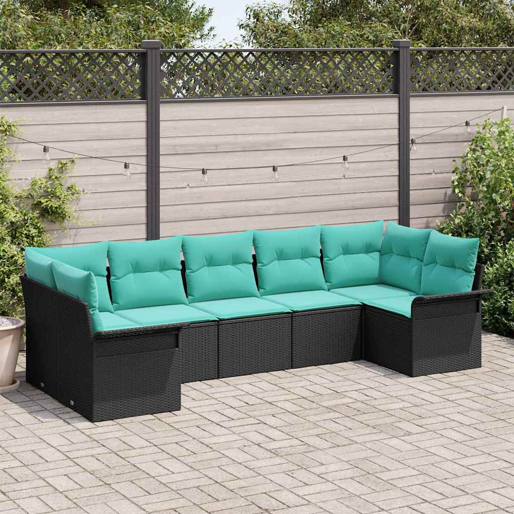 Garten-Sofa-Set mit Kissen 7 pcs Schwarz Poly Rattan