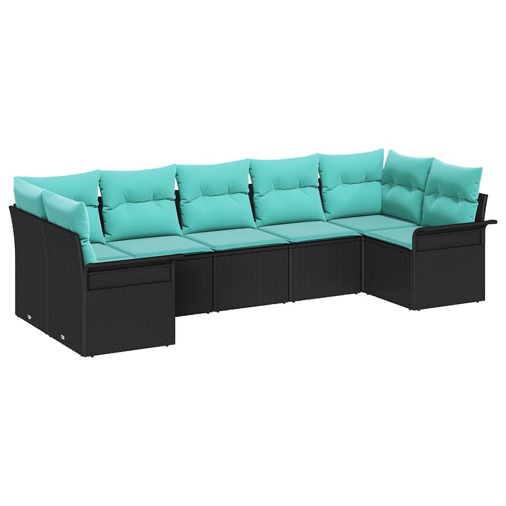 Garten-Sofa-Set mit Kissen 7 pcs Schwarz Poly Rattan