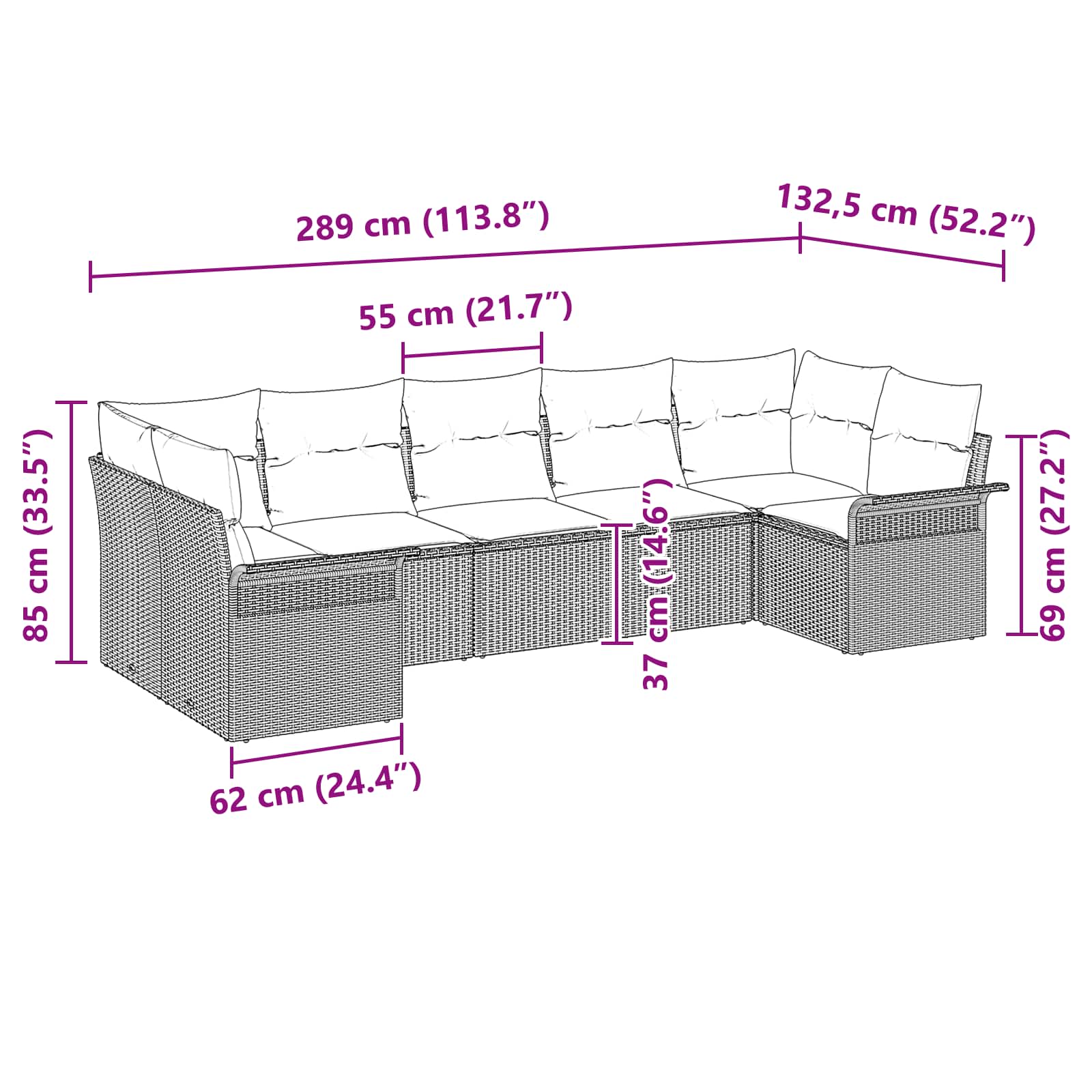 Garten-Sofa-Set mit Kissen 7 pcs Schwarz Poly Rattan