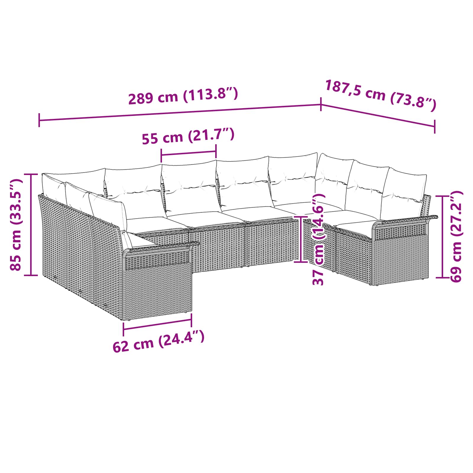 Gartensofa-set mit Kissen 9 pcs Schwarz Poly-Rattan