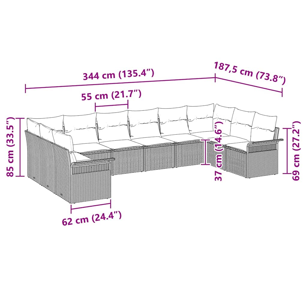 Gartensofa-set mit Kissen 10 pcs Beige Poly-Rattan