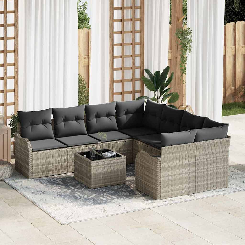 Gartensofa-set mit Kissen 9 pcs Hellgrau Poly-Rattan