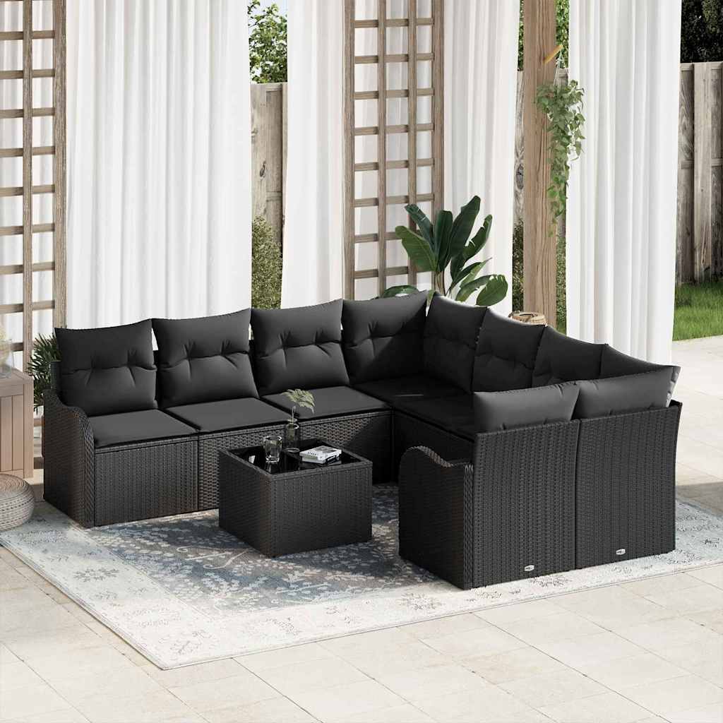 Gartensofa-set mit Kissen 9 pcs Schwarz Poly-Rattan