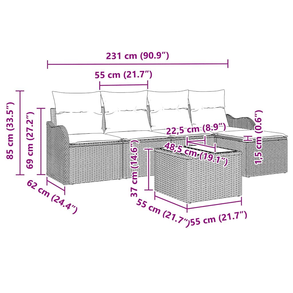 Gartensofa-set 6 pcs Schwarz Poly-Rattan
