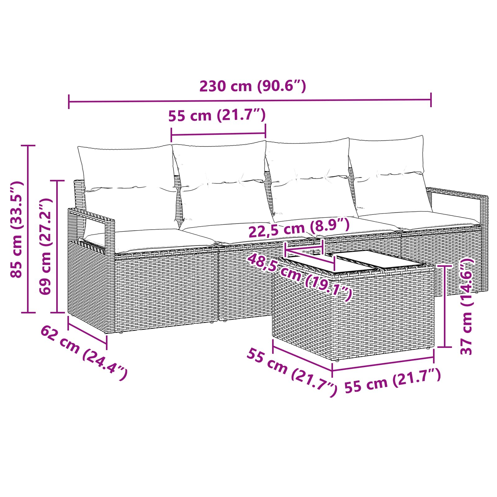 Sofa Set 5 pcs Schwarz und Türkis Poly-Rattan